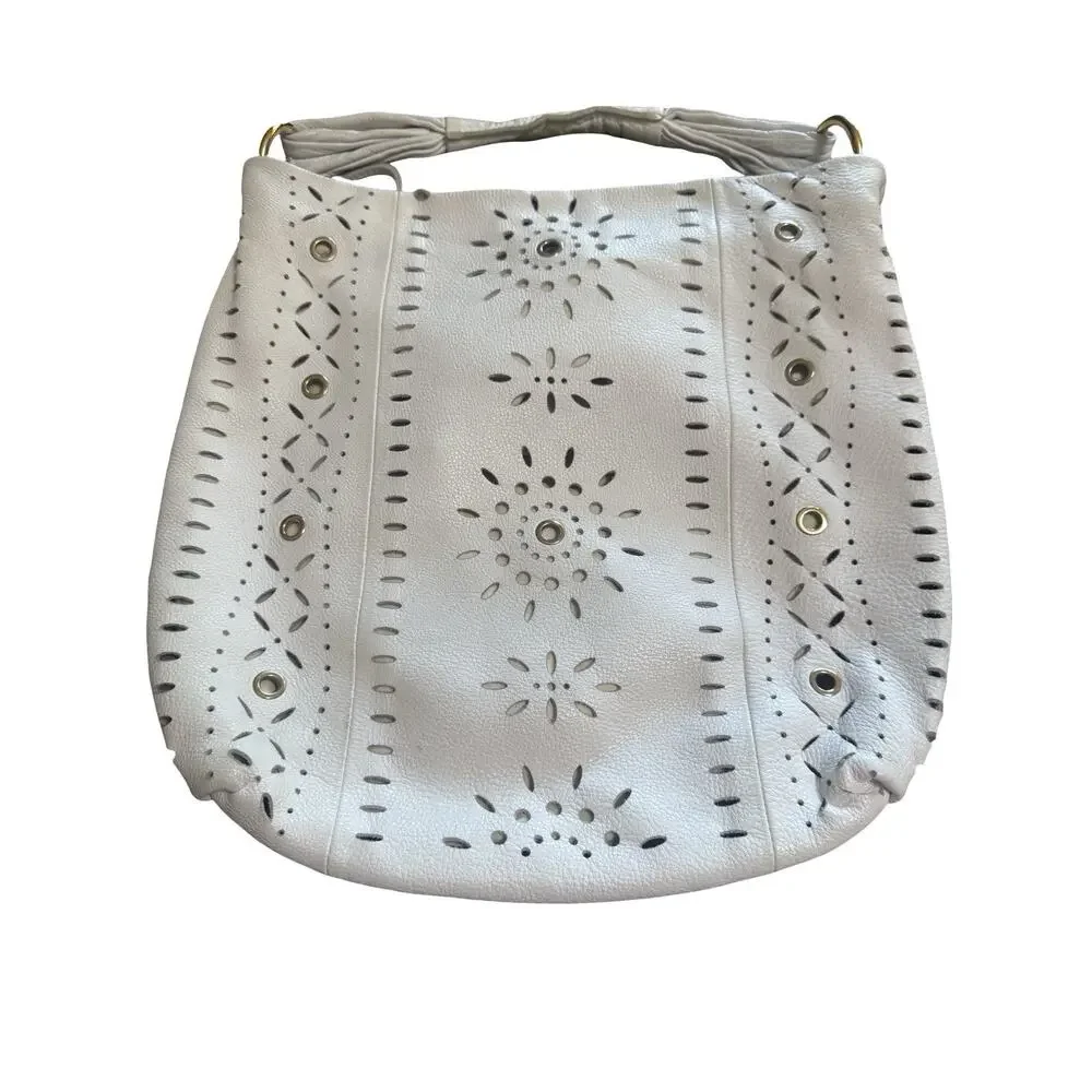 Furla White Leather Laser Cut Floral Hobo Shoulder Bag Tote 113683